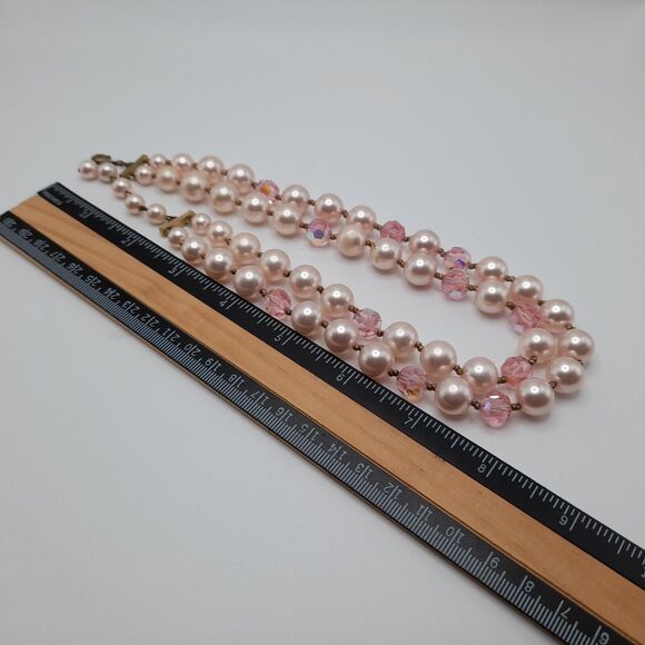 Vintage Pink Faux Pearls Pink Crystals Choker Necklace 1950s - Picture 8 of 11